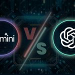 Gemini vs. ChatGPT Vergleich: Zwei Icons, die Gemini und ChatGPT gegenüberstellen, auf digitalem Hintergrund.