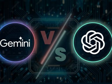 Gemini vs. ChatGPT Vergleich: Zwei Icons, die Gemini und ChatGPT gegenüberstellen, auf digitalem Hintergrund.