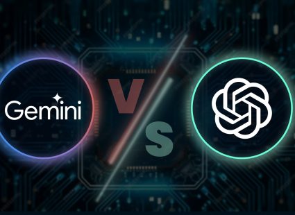 Gemini vs. ChatGPT Vergleich: Zwei Icons, die Gemini und ChatGPT gegenüberstellen, auf digitalem Hintergrund.