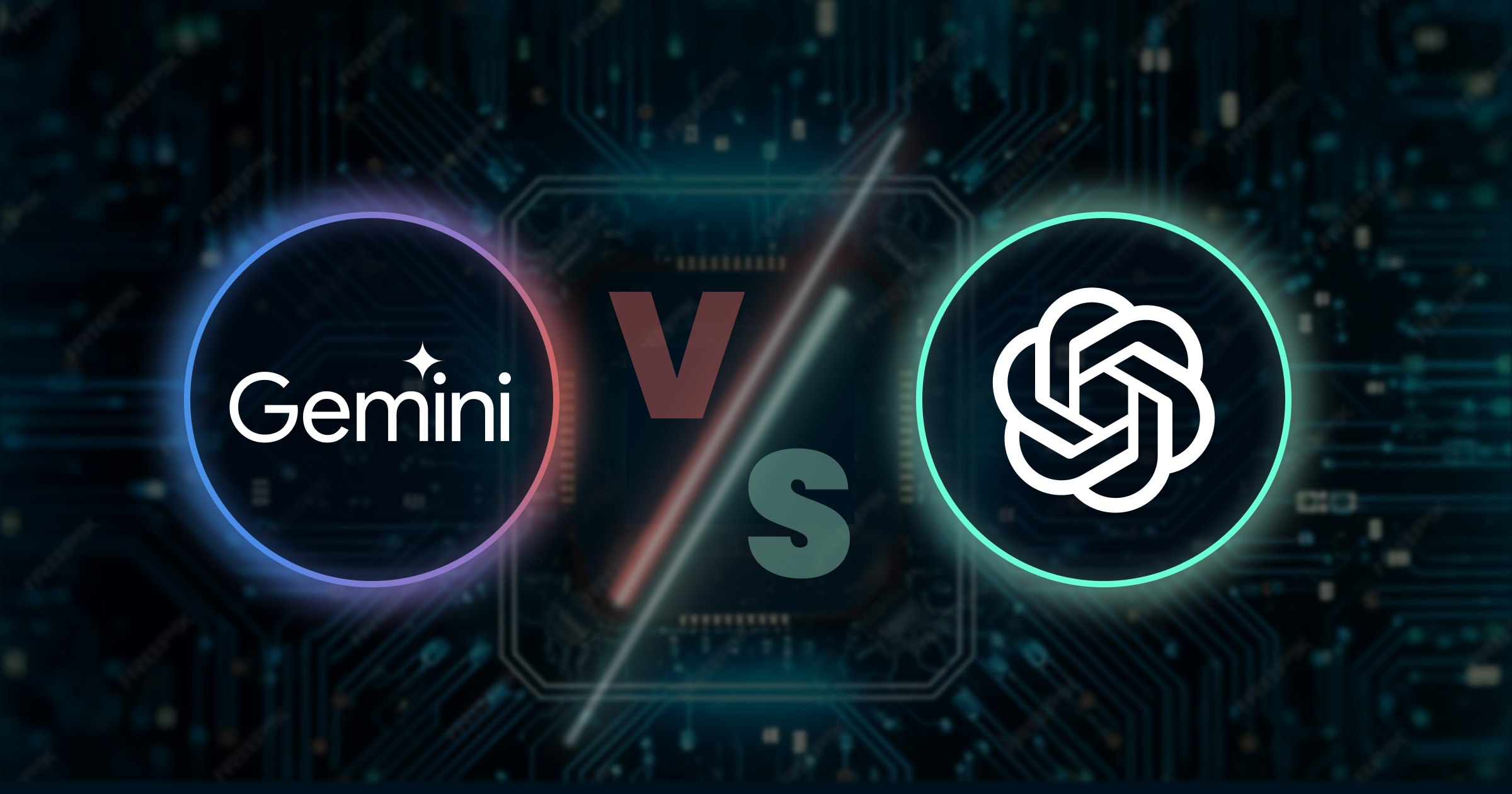 Gemini vs. ChatGPT Vergleich: Zwei Icons, die Gemini und ChatGPT gegenüberstellen, auf digitalem Hintergrund.