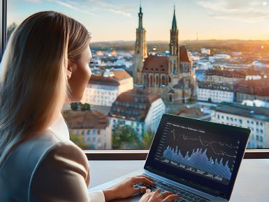 Geschäftsmann analysiert Website-Traffic und SEO-Strategien vor der Skyline von Braunschweig.