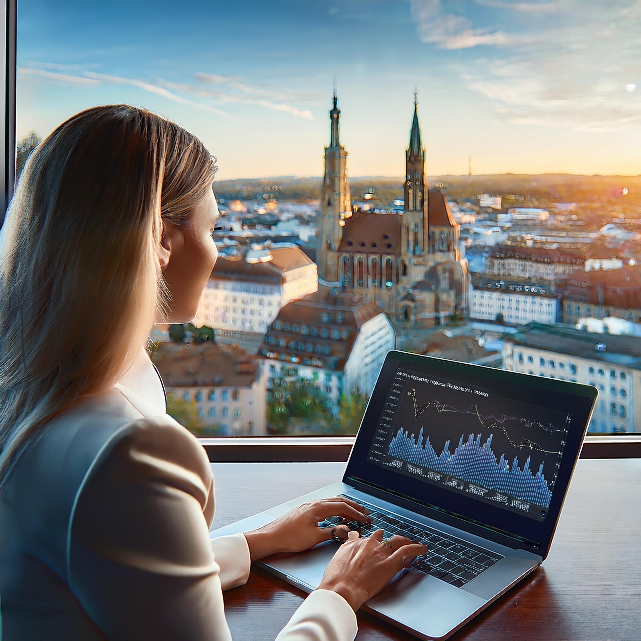 Geschäftsmann analysiert Website-Traffic und SEO-Strategien vor der Skyline von Braunschweig.